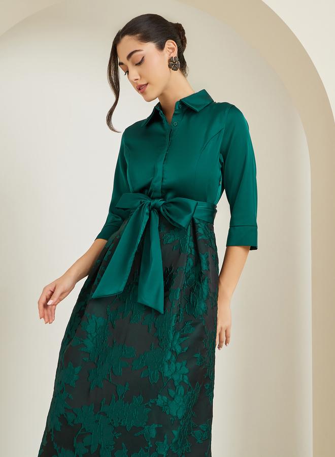 Styli Women Green Floral Tie-Up A-Line Maxi Dress - Image 1